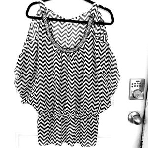 Studio Y herringbone pattern top with jewelled neckline